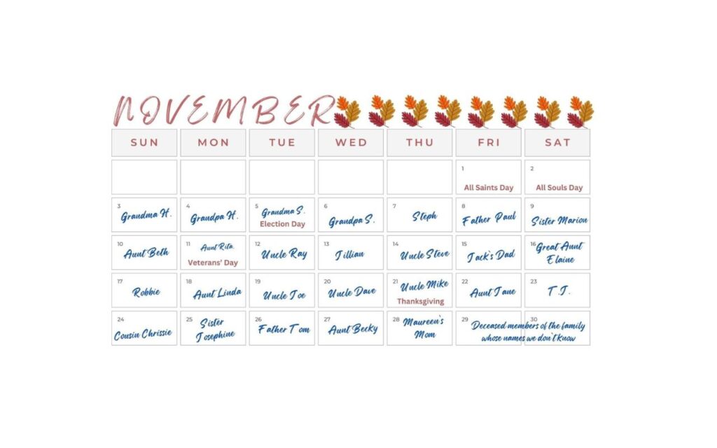 November calendar with names of deceased in each date